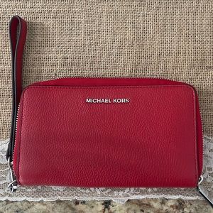 Michael Kors Red Leather Zippered Wristlet Purse